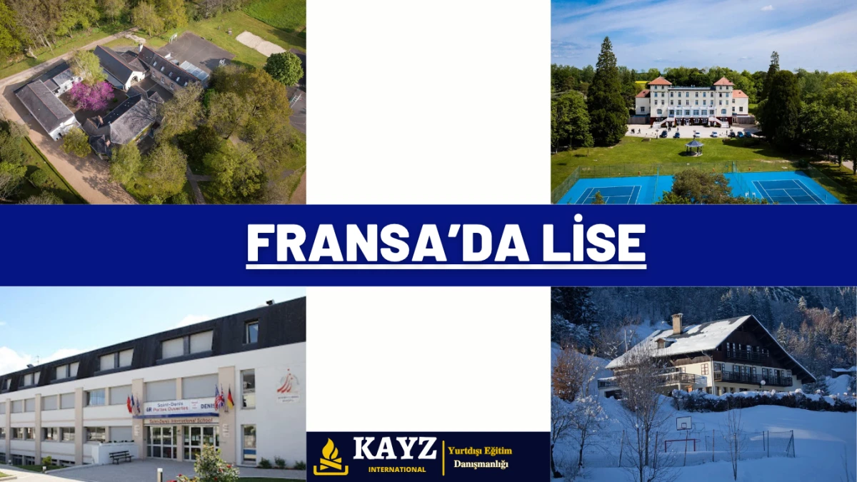 Fransa’da Lise - Fransa Lise Eğitimi Fırsatları Fransa’da Lise eğitimi sunan prestijli okulların kampüs görselleri bu fotoğrafta yer almaktadır. Ormanlık alanlar içinde bulunan modern binalar, tarihi yapılar ve karla kaplı kampüsler, Fransa’da lise okumak isteyen öğrenciler için hem akademik hem de kültürel zenginlik sunuyor.
