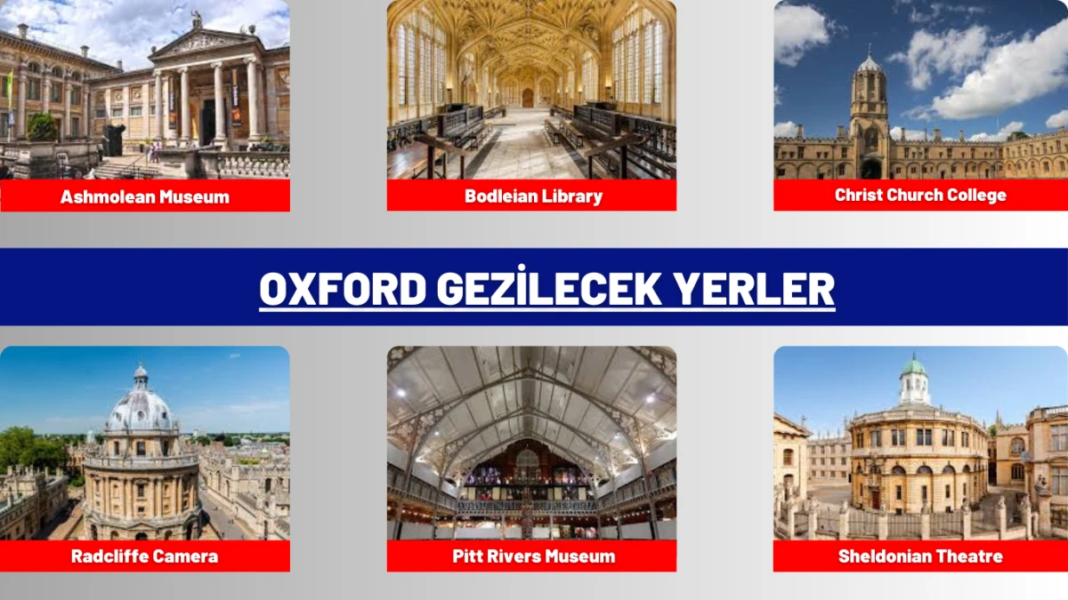 Oxford’da gezilecek en popüler yerler, üniversite tarihi, müzeler ve 2025'te keşfedilmesi gereken turistik bölgeleri gösteren görsel.