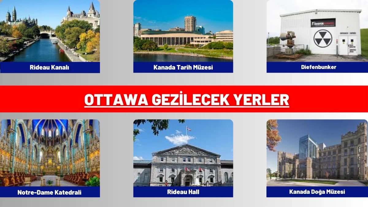 Ottawa’da gezilecek en popüler yerler, Parlamento Binası, Rideau Kanalı gibi 2025’te mutlaka görülmesi gereken turistik noktaları gösteren görsel.