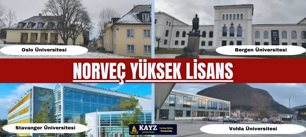 Norveç Yüksek Lisans - Norveç Yüksek Lisans Eğitimi Fırsatları Norveç yüksek lisans programları, ücretsiz kamu üniversiteleri, yüksek yaşam standartları ve sürdürülebilirlik odaklı eğitim anlayışıyla dikkat çekmektedir. Görselde yer alan Oslo Üniversitesi, Bergen Üniversitesi, Stavanger Üniversitesi ve Volda Üniversitesi; Norveç’in önde gelen ve uluslararası öğrenciler için geniş İngilizce yüksek lisans programları sunan kurumları arasında yer almaktadır.