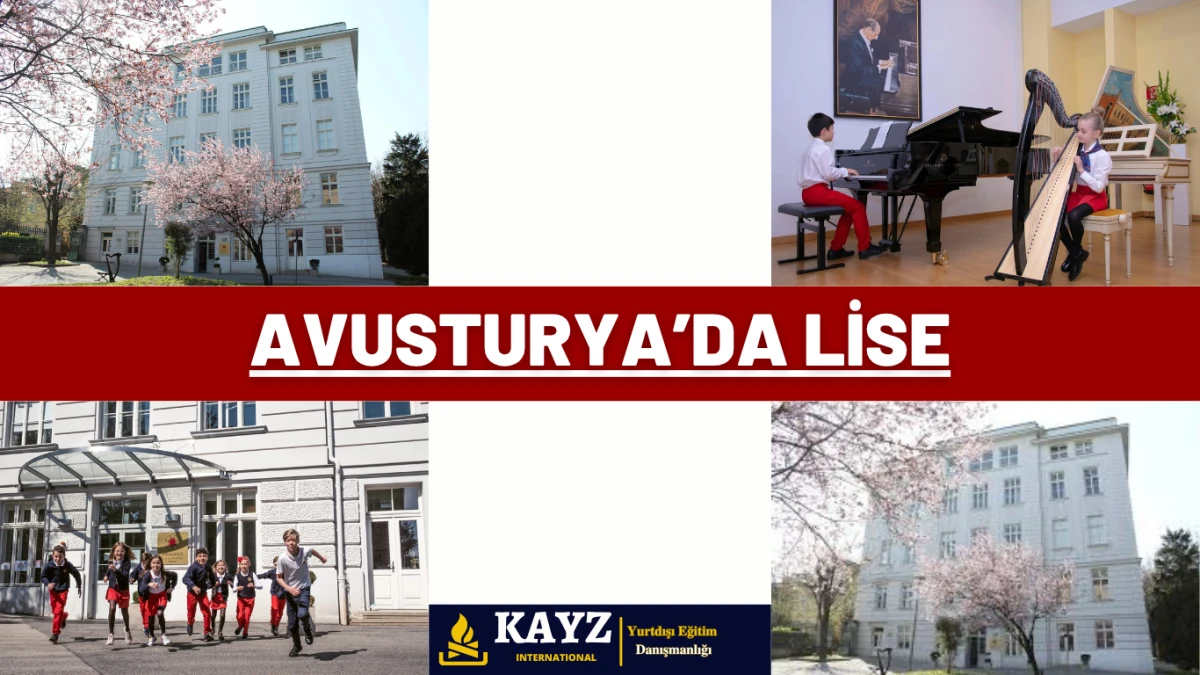 Avusturya’da Lise - Avusturya Lise Eğitimi Fırsatları Avusturya’da lise eğitimi hakkında tanıtım görseli. Okul binası, müzikle ilgilenen öğrenciler ve açık alanda eğitim ortamı.
